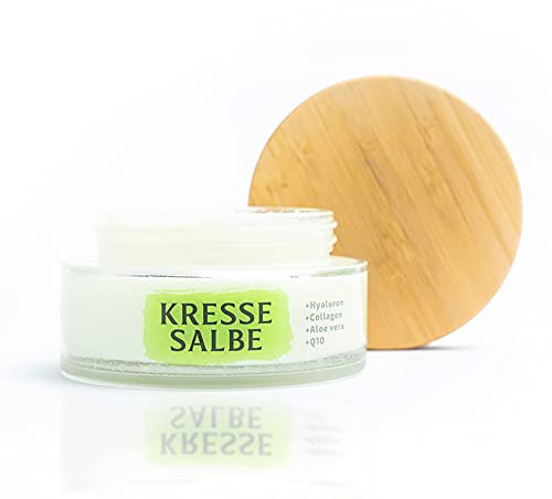 Satisa© Bio Kressesalbe Aktiv gegen Altersflecken & Pigmentflecken|100% Naturkosmetik+Hyaluron +Collagen +Q10+Aloe Vera | + Anti Falten Effekt & Feuchtigkeitsspendende Creme | Made in Germany/Austria