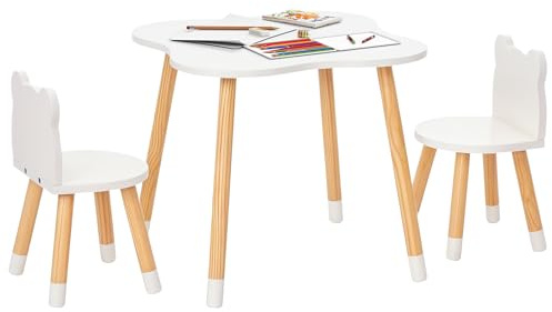 HOMCOM Mesa y Sillas Infantil de Madera Muebles Infantiles para Sala de Juego y Dormitorio de Niños Natural y Blanco