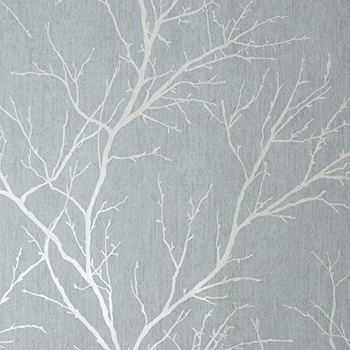 Fresco Duck Egg Winter Tree Wallpaper - Paste The Paper - White & Duck Egg Wallpaper - Contemporary Patterned Tree Design - Feature or 4 Wall Design - Cover for Small Cracks and Imperfections