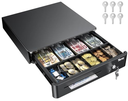 Tera Cajón Portamonedas Caja Registradora:33,5×33×10,4 cm 4 Compartimentos Billetes 6 Monedas 1 Compartimento Medios con Bandeja Extraíble RJ12 Llaves para POS Tienda Empresa Modelo 330R Negro