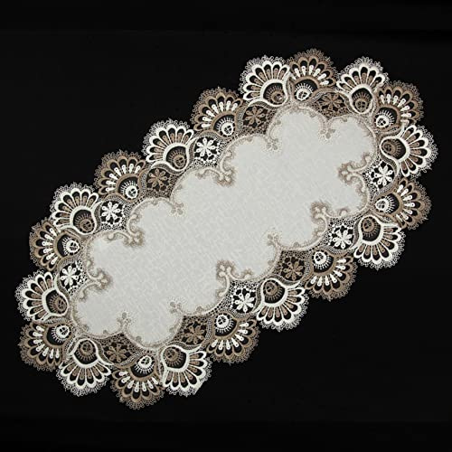 Edle Jacquard Tischdecke/ -läufer mit Spitzen in Braun/Weiß ca. 35 x 66 cm