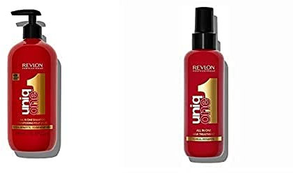 UniqOne Masque en Spray sans Rinçage pour Tous Types Cheveux 10 Bienfaits 150ml Classique Rouge + UniqOne Shampooing et Après-shampooing 2en1 Classique 490mL
