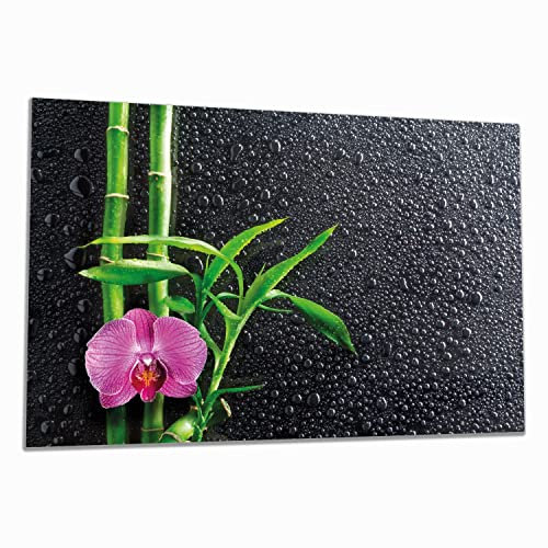 Wallario Herdabdeckplatte/Spritzschutz aus Glas, 1-teilig, 80x52cm mit 8 mm hohen Füßen, für Ceran- und Induktionsherde, Bambus und Pinke Orchidee auf schwarzem Glas mit Regentropfen