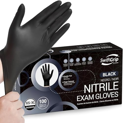 SwiftGrip Disposable Nitrile Exam Gloves, Black Nitrile Gloves Disposable Latex Free for Medical, Cooking & Esthetician, Food-Safe Rubber Gloves, Powder Free, Non-Sterile, 100-ct Box (Medium)