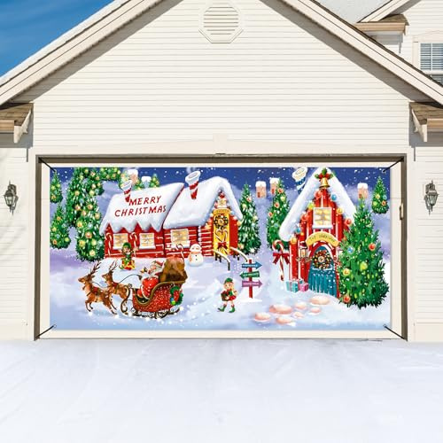 6 x 13 Fuß Weihnachten Urlaub Garagentor Banner Abdeckung Outdoor Groß Merry Christmas Schneemann Weihnachtsmann Gnome Banner Hintergrund Hängende Deko für Wand Hintergrund Foto Requisiten