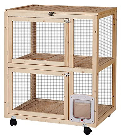 AoForce Katzenkäfig aus Holz, doppelschichtiger, super großer Freiraum, Katzenvilla, Haushalt, Massivholz, Outdoor-Häschenstall mit 3 Türen, 4 360 ° bewegliche Räder