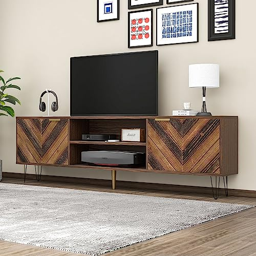 Moimhear Mueble de TV con dos puertas, dos compartimentos, panel bajo, patas de hierro, color marrón, 160 L x 38 B x 48 H(cm)