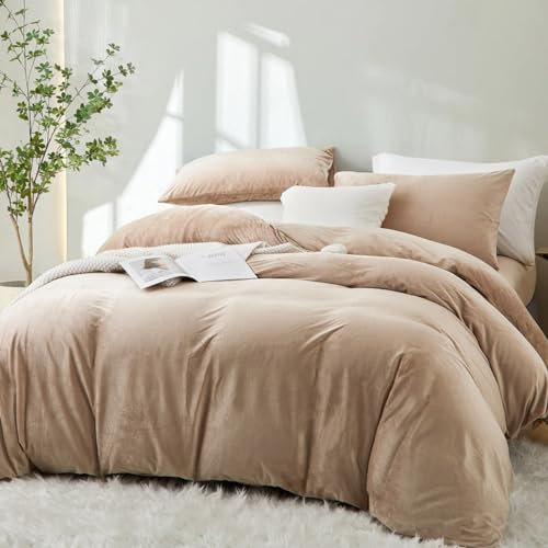 Sedefen Plüsch Bettwäsche 200x220cm Beige Flauschig Flanell Fleece Warme Winterbettwäsche Cashmere Touch Coral Kuschelige Bettbezug und 2 Kissenbezug 80x80cm mit Reißverschluss