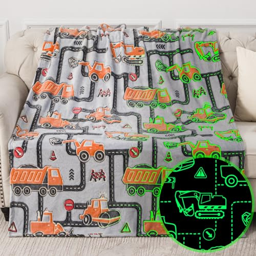 Jekeno Glow in The Dark Truck Blanket- Kids Boys Construction Excavator Truck Throw Blanket for Toddlers Age 1-16 Years Old Teen Birthday Christmas Valentine's Easter Gifts Car Plush Throw 50x 60
