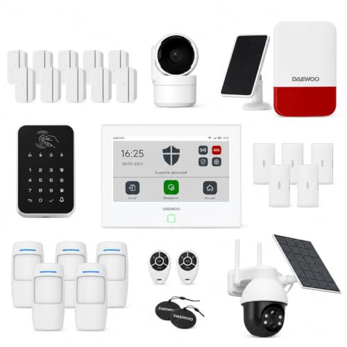 Daewoo Security - Pack de Alarma AM374, WiFi/gsm, Central de Pantalla táctil de 7 Pulgadas, 24 Accesorios, Sirena Solar, Viene con 2 cámaras Full HD Que Incluyen 1 Solar motorizada