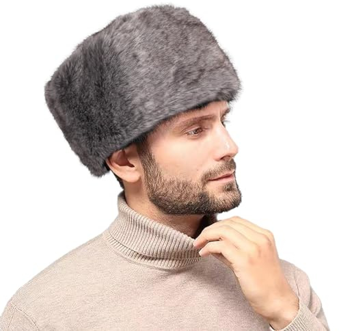 JNGUOSICN Russische Mütze aus Kunstfell, warme Wintermütze für Damen und Herren, pelziger Kosakenhut für kalten Winter, Geburtstag, Neujahr, Unisex, grau, 58
