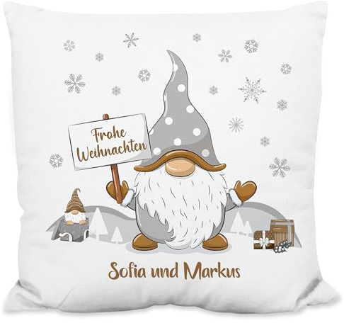 Deko-Kissen personalisiert mit Wunschtext „Frohe Weihnachten“ - mit Gold-Wichtel-Motiv - 40x40cm, inkl. Kissen-Füllung | Zierkissen Weihnachtskissen Weihnachts-Geschenk (Strukturiertes Kissen)