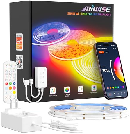 MIWISE RGB COB LED Strip Light 9.84ft/3m,Color Changing Dimmable Strip Light DC24V,Compatible with Alexa/Google Assistant/Tuya Multicolor Flexible Tape Light,for TV,Bedroom,Party DIY Decoration