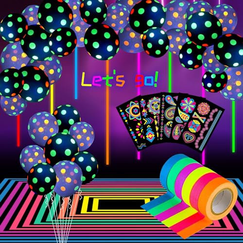 61 Piezas Globos Fluorescentes y Cinta Adhesiva para Fiesta Neón - Maquillaje Fluorescente para Fiesta de Luz Negra y Música - Gaffer Tape