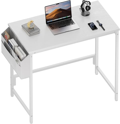 HLFURNIEU 80 x 40 cm Escritorio, Mesa Escritorio Pequeña con Bolsa de Almacenaje, Mesa Ordenador, para Oficina en Casa, Sala de Estar, Espacios Pequeños, Estructura Metal, Blanco