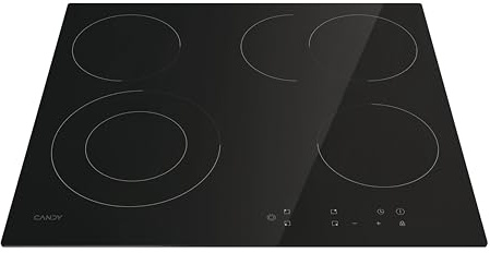 Candy CEH6DXECTT/1 placa de cocción autosuficiente Hi-Light, ancho de 60 cm, manejo mono táctil, 4 zonas de cocción, temporizador, seguridad para niños, sin marco, cristal negro