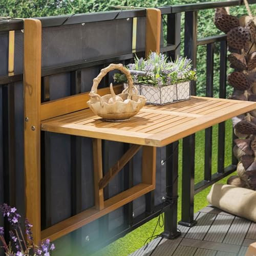 ToeWoe Balkongeländer Tisch Akazienholz Außen Hängende Beistelltische Allwetter Klappbare Patio Bar Tische für Garten 、Veranda