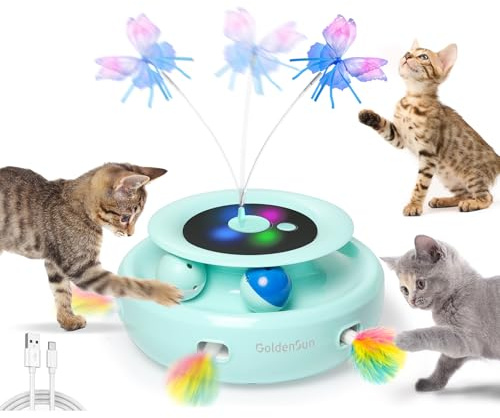 GoldenSun Interaktives 3 in 1 Katzenspielzeug, Elektrisch Automatischer Spielzeug für Katzen, Whack-A-Mole, Fluttering Butterfly, Inklusive Ball, USB Wiederaufladbar Katzen Teaser mit 4 Aufsätzen
