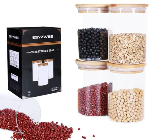 DSYZWEE Vorratsdosen Glas 4er Set, 1000ml Vorratsgläser mit deckel rund, Borosilikatglas Vorratsbehälter mit Bambusdeckel, Glasbehälter zur Aufbewahrung Küchenzutaten, für Kaffee, Zucker, Nudeln