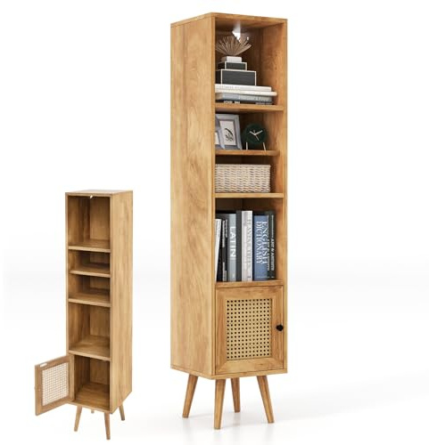 KOMFOTTEU Bücherschrank Rattan, Aufbewahrungsschrank Holz mit Tür, Bücherregal mit 4 Ablagen, Hochschrank Badezimmerschrank 30 x 30 x 137cm mit Kippschutz, für Arbeitszimmer Wohnzimmer (Braun)