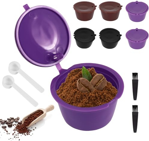 Wiederverwendbare Kaffeepads, 6 Stück, wiederverwendbar, nachfüllbar, mit 2 Kunststofflöffeln und 2 Reinigungsbürsten, für Dolce Gusto, wiederverwendbare Kapseln mit lebensmittelechten Silikonkappen