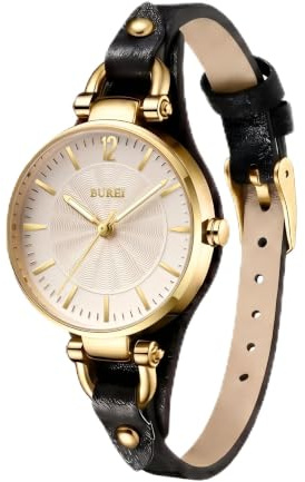 BUREI Reloj Demen Elegante Pulsera de Piel para Mujer, clásico, analógico, Cuarzo, Regalo para Mujer (Negro Dorado)
