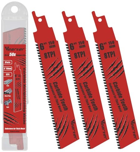 Vearter Lame per sega alternativa, 150 mm, 3 pezzi, lame per sega reciproca in carburo 8TPI per metalli spessi, tubi in acciaio, ghisa, bulloni, acciaio legato