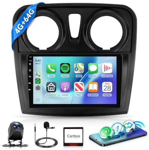 Rimoody 4G+64G Android Autoradio für Renault Dacia Logan 2 Sandero B52 2012-2019 Wireless Carplay Android Auto, 9 Zoll Touchscreen Radio GPS WiFi Mirror Link Bluetooth FM/RDS/32 EQ/SWC Rückfahrkamera