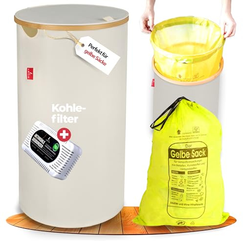 Levio® Gelber Sack Ständer mit Deckel – Müllsackhalter & Müllsackständer [80L mit Geruchsfilter] – Mülleimer Gelber Sack Indoor – Stabiler Ständer für Gelben Sack – Gelbe Säcke Behälter (Beige)