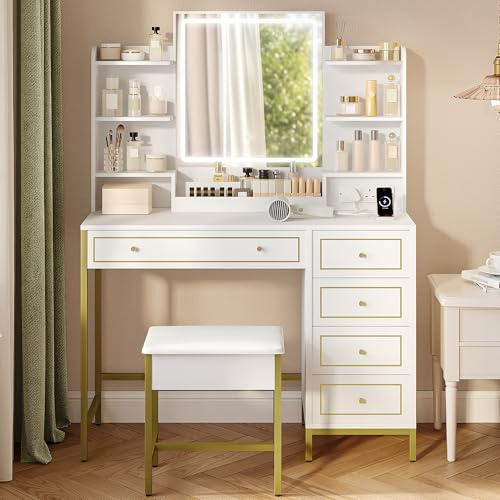 Hzuaneri Dressing Table, Vanity Desk with Soft Stool, HD Mirror and Adjustable LED Lights, Makeup Table with Socket and USB, 5 Drawers, Open Storage Compartment, Luxury Style, White-Gold, DT352HDTUK