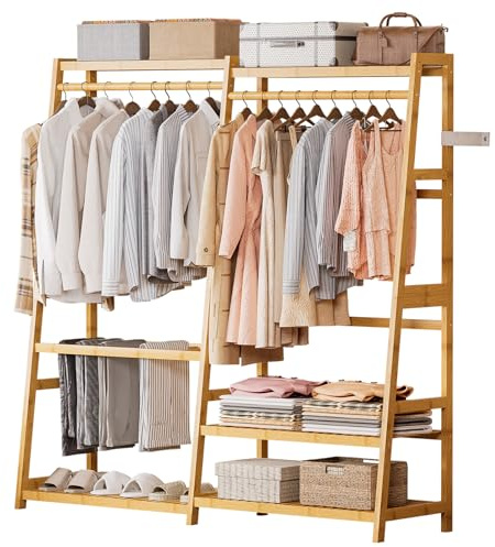 Yorbay Offen Stabil Bambus Kleiderständer: Garderobe mit 2 Kleiderstange | 150 cm Hoch Freistehende Kleiderschrank mit Hosenbügel&Ablagen - Multifunktional Garderobenständer für Schlafzimmer Flur
