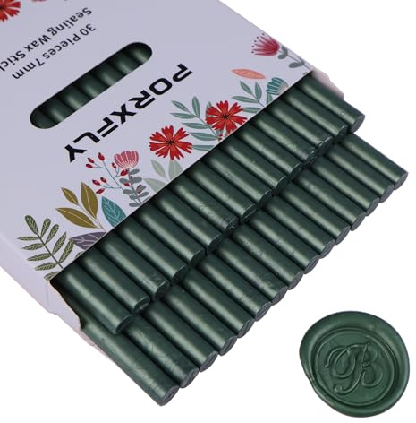 30 Stück 7mm Siegel Wachs Sticks für Klebepistole, PORXFLY Mini-Siegelwachsstäbe, ideal für Karten, Umschläge, Hochzeitseinladungen, Geschenkverpackungen, Weinpakete (Tannengrün)