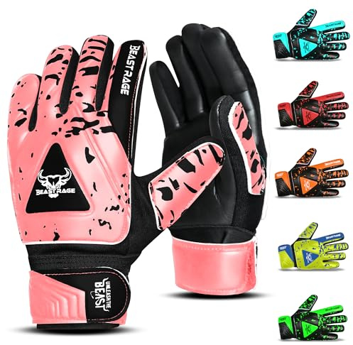 BEAST RAGE Goalkeeper Gloves for Kids Boys Youth,Soccer Goalie Gloves Kids,Double Wrist Support,Strong Grip,Padded Palm football gloves boys (Neon Pink, Size 4 suitable for 6 to 9 Years old)