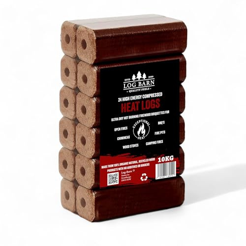Log Barn 12 High Energy Compressed Heat Logs (1x10kg) Ultra Dry Hot Burning Firewood Briquettes for Open fires, Wood Stoves, BBQ's, Camping Fires, Fire Pits, Chimineas