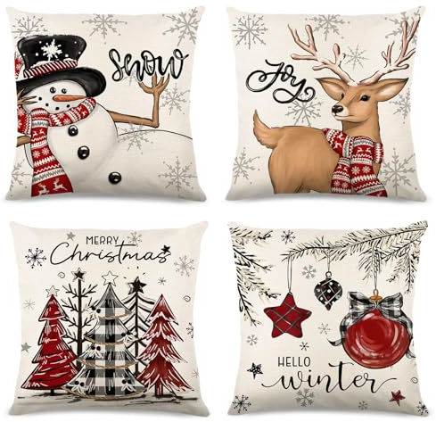 Prmape 4er Set Kissenbezug Weihnachten 45x45cm, 2026 Neue Kissenbezüge Weihnachten, Leinen Look Kissenbezüge mit Weihnachtsbaum Hirsch Muster Rot für Sofa Feiertag Xmas Dekoration