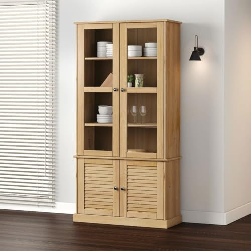 HUAKEHOM Vitrine VIGO Glasvitrine mit Einlegeböden viel Stauraum Schrank mit Glastüren Küchenschrank Hochschrank Highboard 85x35x170 cm Massivholz Kiefer