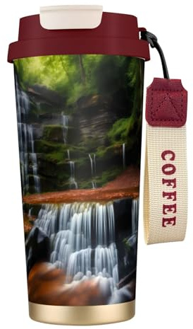 QHZLY Tazza da caffè in acciaio inox 316 con vista a cascata, rossa, grande, isolata, da viaggio, per ufficio, casa, auto