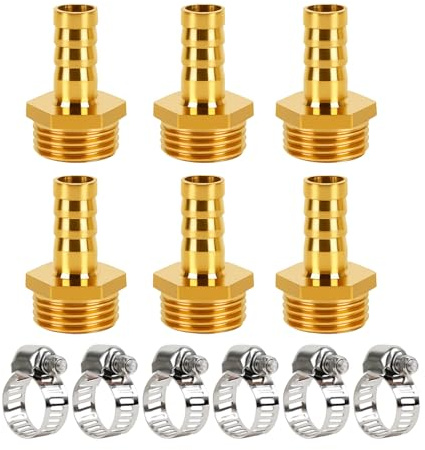 6 Piezas Conector de Manguera de Latón con Rosca Exterior de 1/2 y Púas de 10 mm, Incluye 6 Unidades Abrazaderas, Adaptador Manguera para Agua, Aire, Gas, Aceite, Lavadoras, Jardín y Uso Doméstico