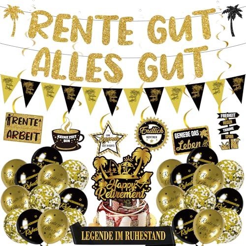 Rente Deko Ruhestand Party Banner - 35 Stück Rente Gut Alles Gut Banner Rentner Gold Schwarz Luftballons Ballons Girlande Tortendeko Endlich Dekoration Für MäNner Frauen Pensionierung Party Geschenk