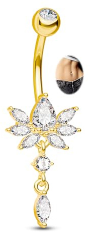 CM Crareesi Mania Piercing Nombril Lotus 14G Piercing Nombril Pendant Or 316L Acier Chirurgical Belly Bar Bananabell Bijou CZ Clair pour Femmes 10mm