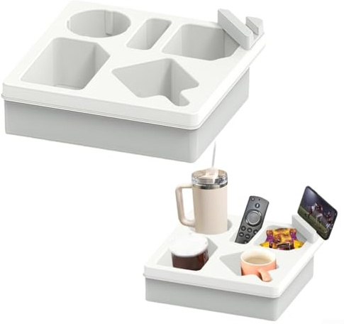 Jotekonoby Portavasos de silicona con ranuras dobles para bebidas y bandeja de aperitivos para sofá, cama, coche, organizador remoto con almacenamiento para teléfono y tableta (blanco)
