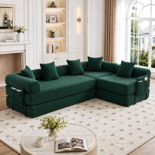 ZIDEY Schlafsofa, Module Sofa mit Schlaffunktion, Bettsofa ausziehbar mit Stauraum und 5 Kissen, Schlafcouch, Klappsofa, Kompressionssofa Für Wohnzimmer & Schlafzimmer, Smaragdgrün
