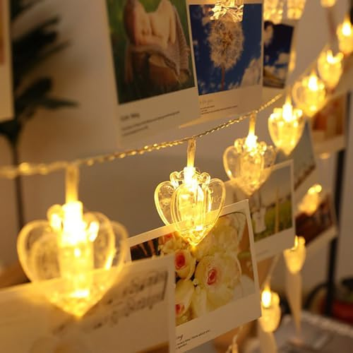 Koboko LED Herz Fotoclips Lichterkette,1,5M 10 LED Foto Lichterkette mit Klammern,Lichterketten Fotos Klammern,Warmweiß Bilder Clips Lichterketten Batterie,Fotolichterkette für Valentinstag,Hochzeiten