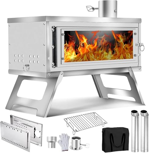 NBYTLT Collapsible Camping Tent Stove, Camping Wood Stoves with 8 Chimney, Folding Hot Portable Wood Burning Stoves, Carry Bag and Ash Grate for Outdoor Camping, Hunting, Cooking