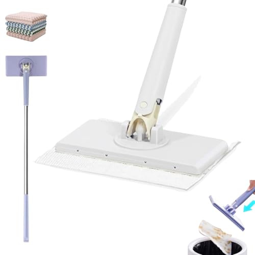 Clever Grip Mini Lazy Mop, Zero Touch No-Wash Mops, Retractable Gap Dust Cleaner Flat Mops, Wet and Dry Convenient Automatic Cloth Changing for Floor, 4 Reusable Cloths (White, 70Cm)