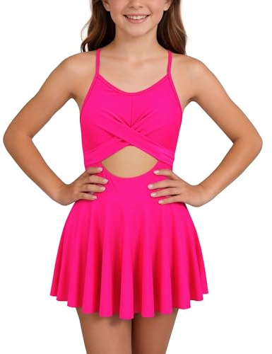 Happy Cherry - Niñas Traje de Baño de Una Pieza Bañador Niña Verano con Falda Tirantes Finos para Natación Playa Surf Infantil Ropa de Baño Swimsuit Tirantes Finos Ajustables - 15-16 Años Rosa Oscuro
