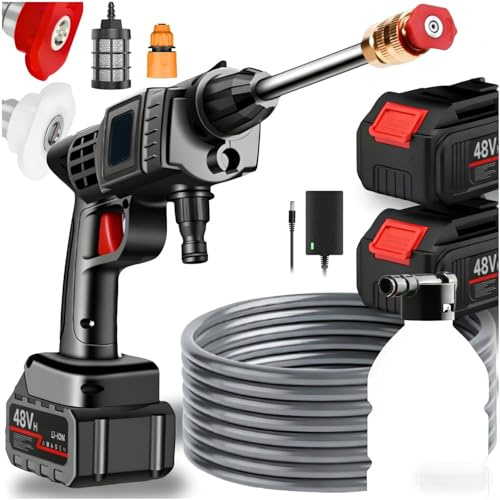Nettoyeur Haute Pression sans Fil, 21V Max 35Bar Pistolet Haute Pression sur Batterie, 2 Buse, Pot à Mousse, Tuyau de 5 Mètres, Pressure Washer pour Voiture, Terrasse, Sols (2X 4000mAh Batteries)