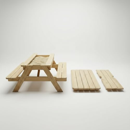 AMATA Table de pique-nique en bois pour enfants avec plaques interchangeables - Ensemble ESS et bac à sable - Table de jardin pour enfants en plein air (naturel)