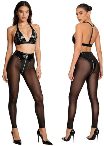 Xnihocha nätstrumpbyxor ouvert för kvinnor röd dam wetlook kläder nackhållare bh och byxor set för disco outfit sportkläder löpning