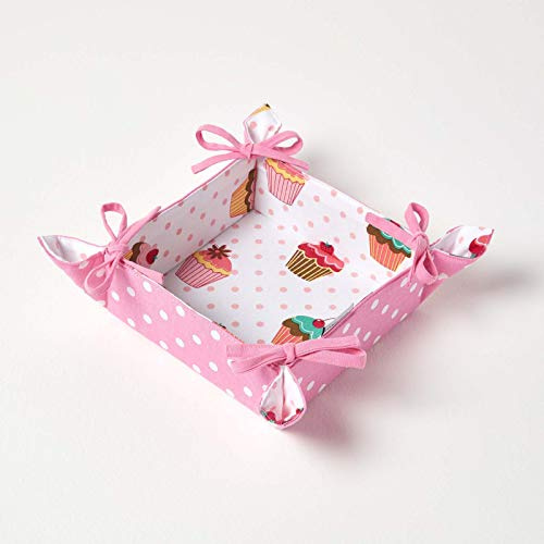 HOMESCAPES Reversible Bread Basket Double Design Fabric Cup Cakes Foldable Basket for Buns Eggs Baked Goods 100% Cotton Cover